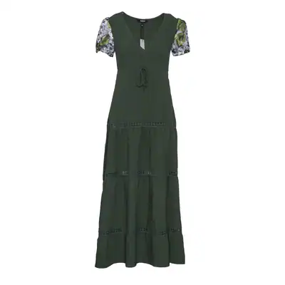 Desigual Kleid Dunkelgrün Maxi Bestickt Tüll Ärmel Boho Frühling Gr XS 34