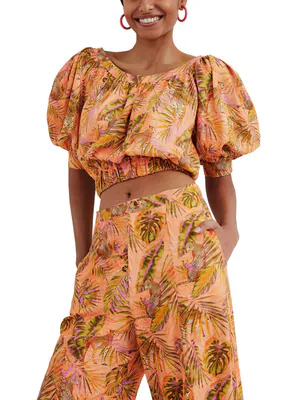Desigual Damen Bluse Orange Floral Animal Print Puffärmel 22SWBW32