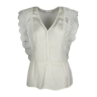 Sandro Damen Bluse Ecru Satin Bestickt Viskose Langarm Rundhals Gr. 40 E11699E