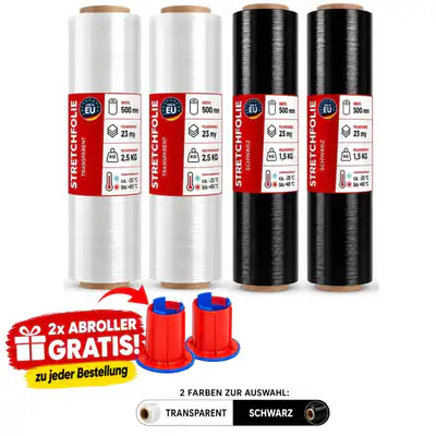 4 Rollen Stretchfolie Schwarz Transparent Palettenfolie 500mm 23my 1,5kg / 2,5kg