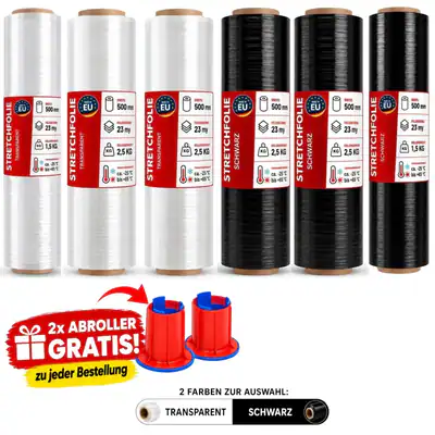 3 Rollen Stretchfolie Schwarz Transparent Palettenfolie 500mm 23my 1,5kg / 2,5kg