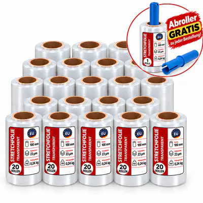 20 Rollen Stretchfolie Mini RAP 100mm 23my Transparent + Abroller gratis