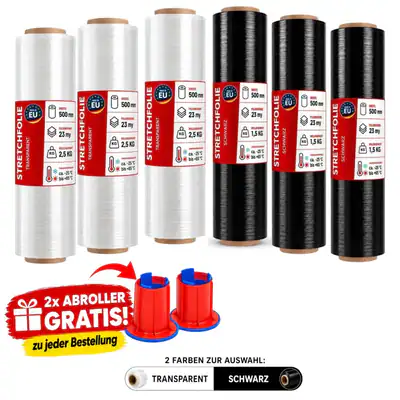 6 Rollen Stretchfolie Schwarz Transparent Palettenfolie 500mm 23my 1,5kg / 2,5kg
