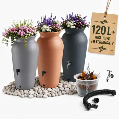 Regentonne 120L VELCAN Anthrazit Regenwassertank mit Regensammler und Wasserhahn
