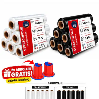 6 Rollen Stretchfolie 2,5kg Schwarz Transparent Palettenfolie 500mm 23my