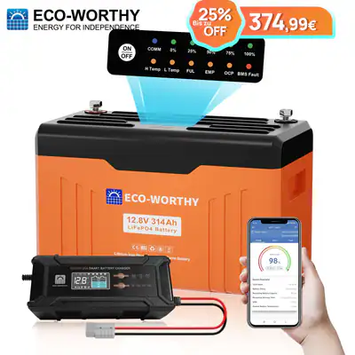 ECO-WORTHY 12V 314Ah LiFePO4 Bluetooth Batterie mit 20A Ladegerät für Wohnmobile