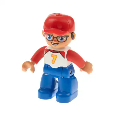 1x Lego Duplo Figur Mann blau Shirt weiß Nr. 7 Brille Basecap rot 47394pb267