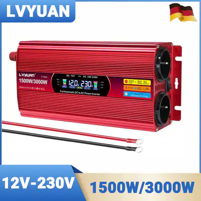 1500W 3000W 12V auf 230V Wechselrichter USB 2AC LCD Spannungswandler Adapter Rot