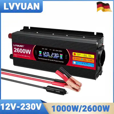 1000W 2600W Wechselrichter 12V auf 230V Auto Spannungswandler 2USB LCD AC Campen