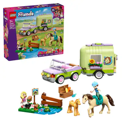 LEGO Friends 42695 Pferd und Fohlen mit Pferdeanhänger Bausatz, Mehrfarbig