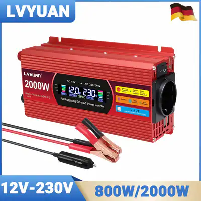 800W 2000W Spannungswandler 12V auf 230V Wechselrichter 2USB LCD-Anzeige Rot