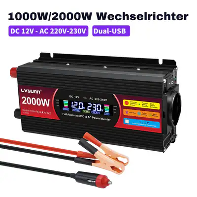 1000W 2000W Wechselrichter 12V auf 230V Auto Spannungswandler 2USB AC LCD Campen