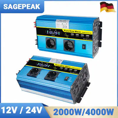 2000W 4000W Reiner Sinus Wechselrichter 12V 24V auf 230V Spannungswandler 4xUSB