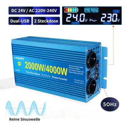 2000W 4000W Wechselrichter 12V 24V zu 230V Reiner Sinus Spannungswandler Campen