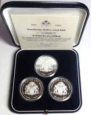 800 Jahre Hamburg Hafen 3 Medaillen 1989 Silber-999 PP/Proof , Zertifikat & Etui