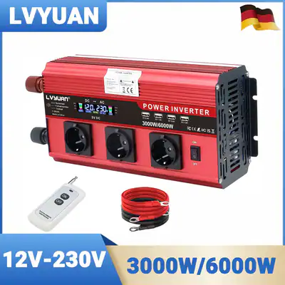 3000W Spannungswandler 12V auf 230V Wechselrichter mit 4USB 3AC Fernsteuerung