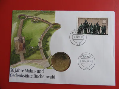 * Numisbrief 1990 mit DDR 10 Mark 1972 Gedenkstätte Buchenwald (ALB.40)