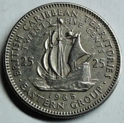 BRITISH CARIBBEAN TERRITORIES 25 Cents 1965 -Segelschiff- vz/xf mit Münztasche