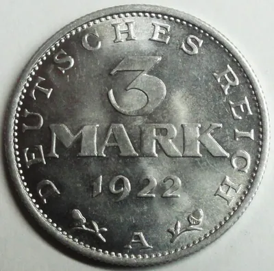 Deutsches Reich 3 Mark 1922 A Verfassungstag 11. August -Alu- st./ unc