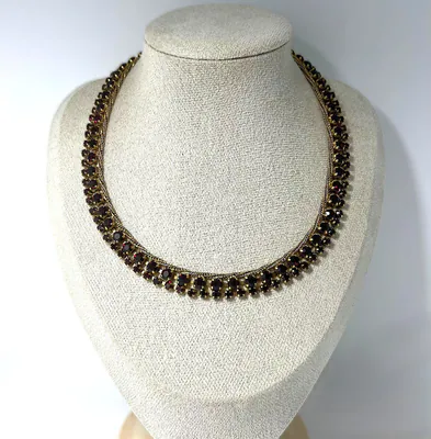Vintage Granatglas Collier Messing vergoldet Statement Kette 1950er 1960er