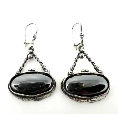 Vintage 925 Silber Hämatit Ohrringe Ohrhänger Handarbeit Cabochon