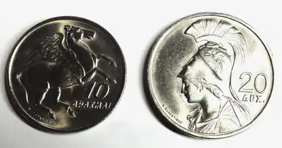 Griechenland 10 + 20 Drachmen 1973 CuNi vz+ / xf plus + Münztasche