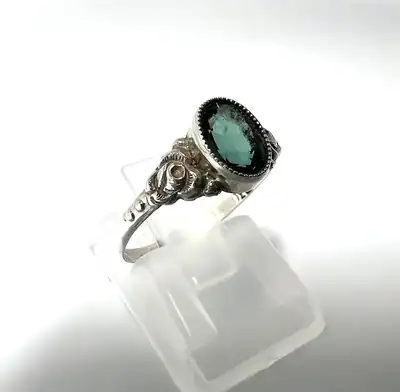 Art Deco 830 Silber Ring Minimalistisch Grüner Glasstein Floral EU48 US4.75
