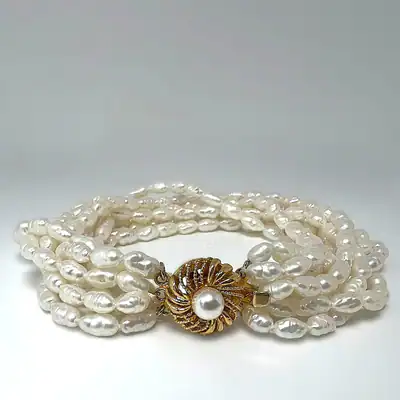 Vintage Süßwasserperlen Armband 10-reihig Barock Rice Pearls 48g Handarbeit