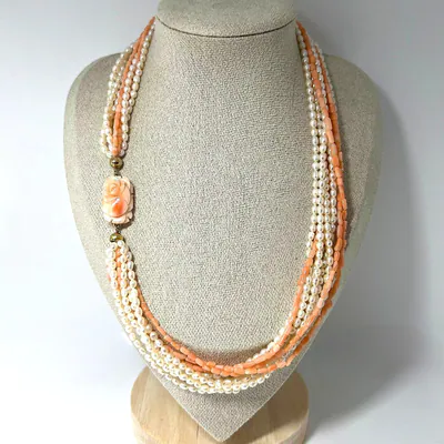 Vintage Koralle Süßwasserperlen Collier 8-reihig geschnitzte Rose Handarbeit