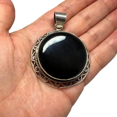 Vintage XL Onyx Anhänger 925 Silber – großer schwarzer Cabochon Statement Anhäng