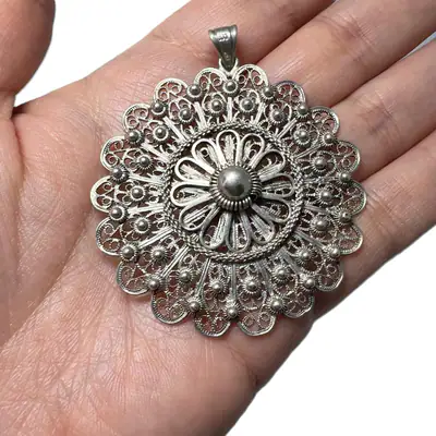 Großer Jugendstil Filigran Anhänger 800 Silber Rosette Blüte ca. 6 cm