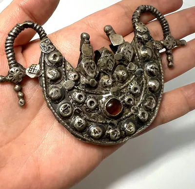 Antiker Silber Pektoral Anhänger Karneol Turkmen Zentralasien Handarbeit um 1900