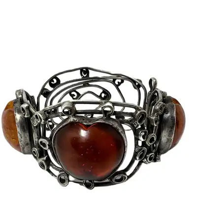 Antiker Bernstein Armreif 875 Silber Herz Cabochon Art Nouvea Massiv Rarität