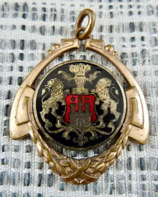 Anhänger ca. um 1900 Walzgolddoublé antik Hamburger Wappen Emaille Jugendstil