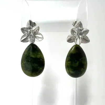 Vintage Designer Jade Tropfenohrringe 925 Silber Blüte Jade Ohrringe