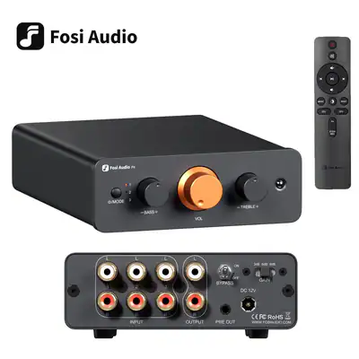 FOSI AUDIO P4 Minivorverstärker, 3 RCA-Eingänge 3-stufiger Bass- und Höhenregler