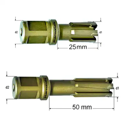 HM-bestückter Kernbohrer, Bohrkrone, 25 & 50mm Nutzlänge, Hardox, Weldon 19mm