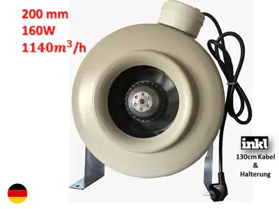 Rohrventilator Axiallüfter 200mm Halterung+kabel Lüfter Abluf Zuluft Radial