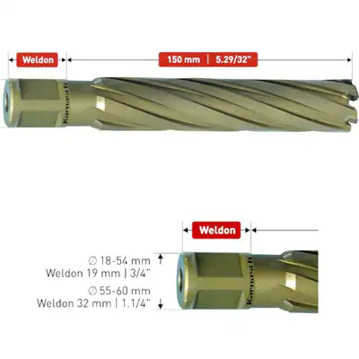 HM Hartmetall bestückter Kernbohrer, Weldonschaft, 150mm Nutzlänge, Ø 18-60mm