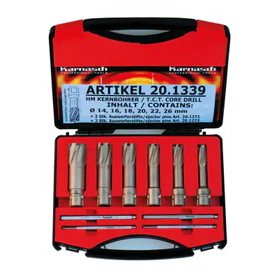 Karnasch Kernbohrer Kernlochbohrer Set HM 10tlg Ø14–26mm Weldon 19mm NL55