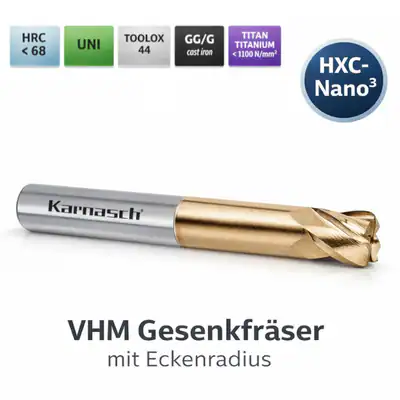 CNC Gesenkfräser VHM, Ø 1-12mm, kurz mit Radius HXC Nano3 Fräser Stahl Edelstahl